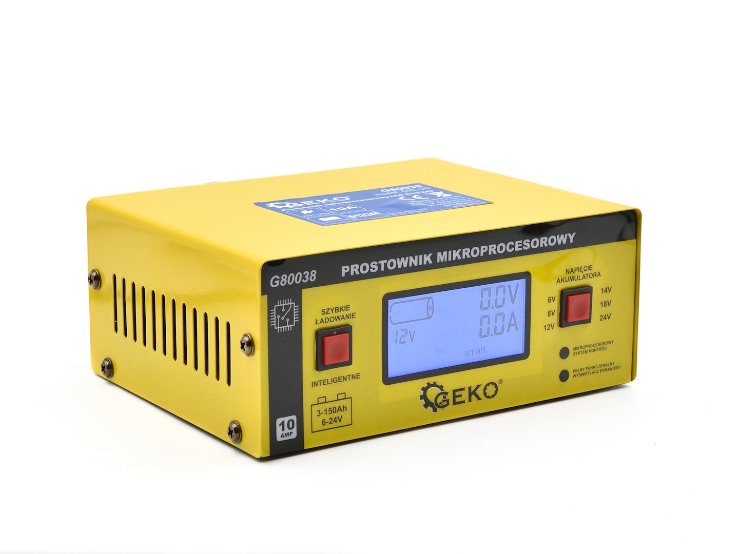 AUTÓ AKKUMULÁTOR TÖLTŐ MIKROPROCESSZOROS 6/12/24V LCD-S 15A, 6–200 AH AKKUMULÁTOROKHOZ GEKO