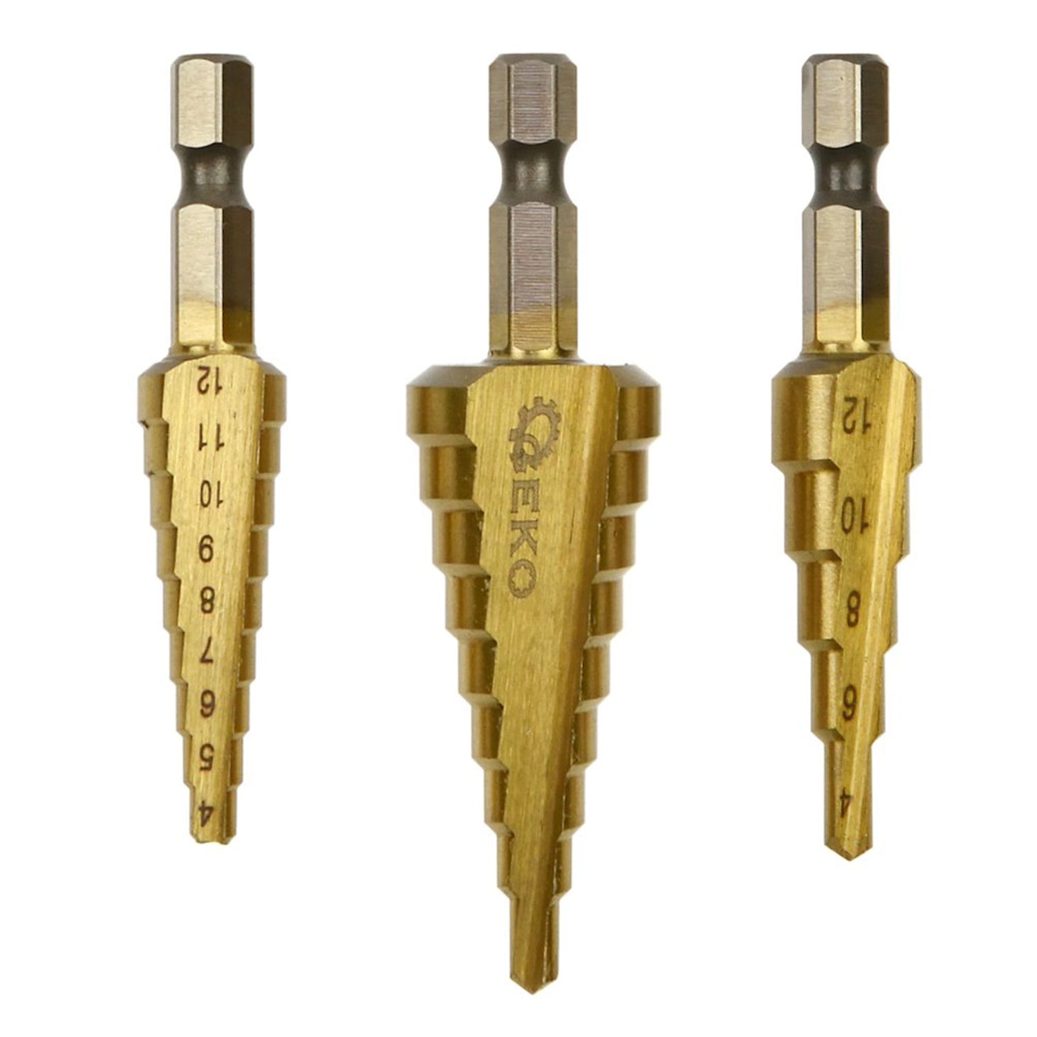 LÉPCSŐS LYUKFÚRÓ KÉSZLET HSS TiN HEX 1/4" 3 DB GEKO
