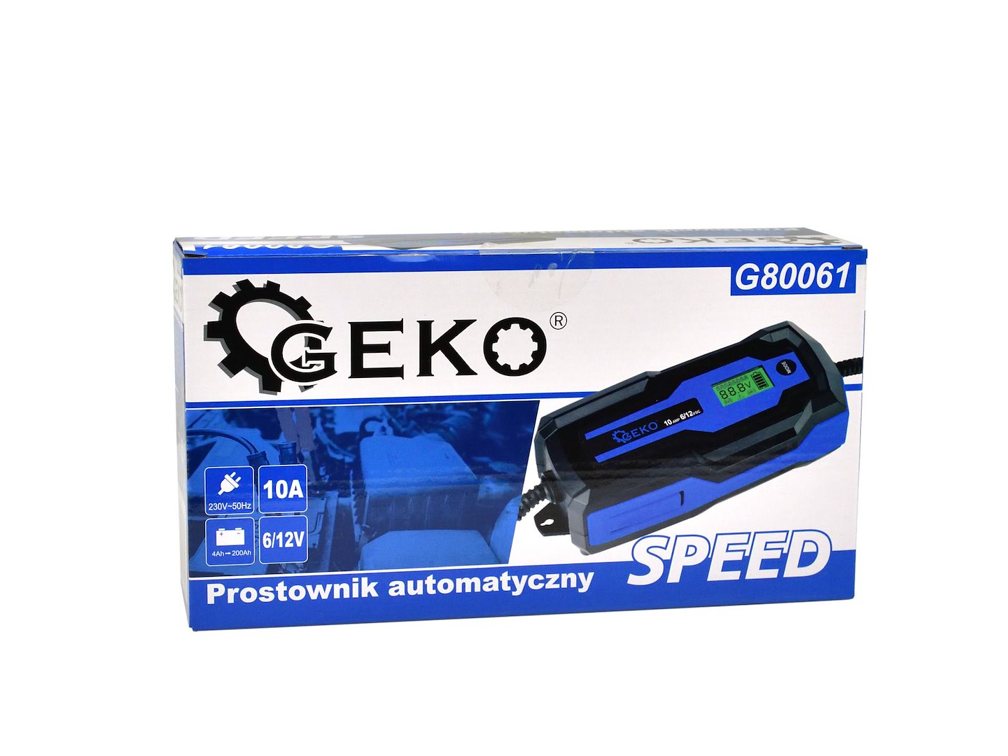 AUTOMATA AUTÓ AKKUMULÁTOR TÖLTŐ LCD KIJELZŐVEL 6/12V 10A 4–120 AH AKKUMULÁTOROKHOZ GEKO