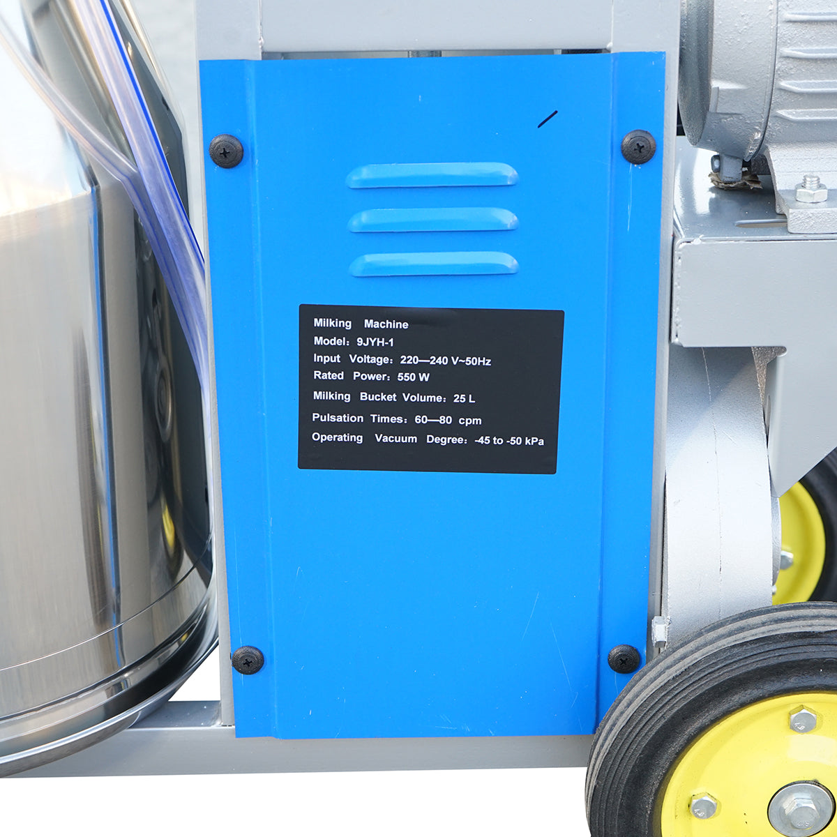 Tehénfejő gép, 1 állásos, 550 W, 25 literes rozsdamentes acél tartállyal, fejőegység 4 fejőpohárral, vákuumnyomás 45–50 kPa, pulzálás 60–80 ciklus/perc