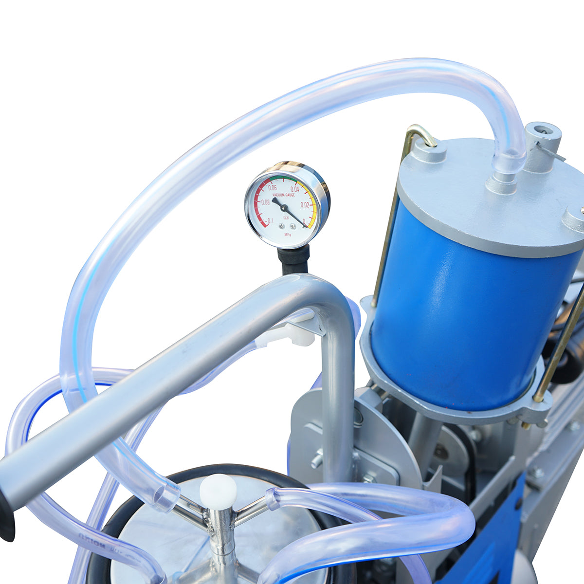 Tehénfejő gép, 1 állásos, 550 W, 25 literes rozsdamentes acél tartállyal, fejőegység 4 fejőpohárral, vákuumnyomás 45–50 kPa, pulzálás 60–80 ciklus/perc