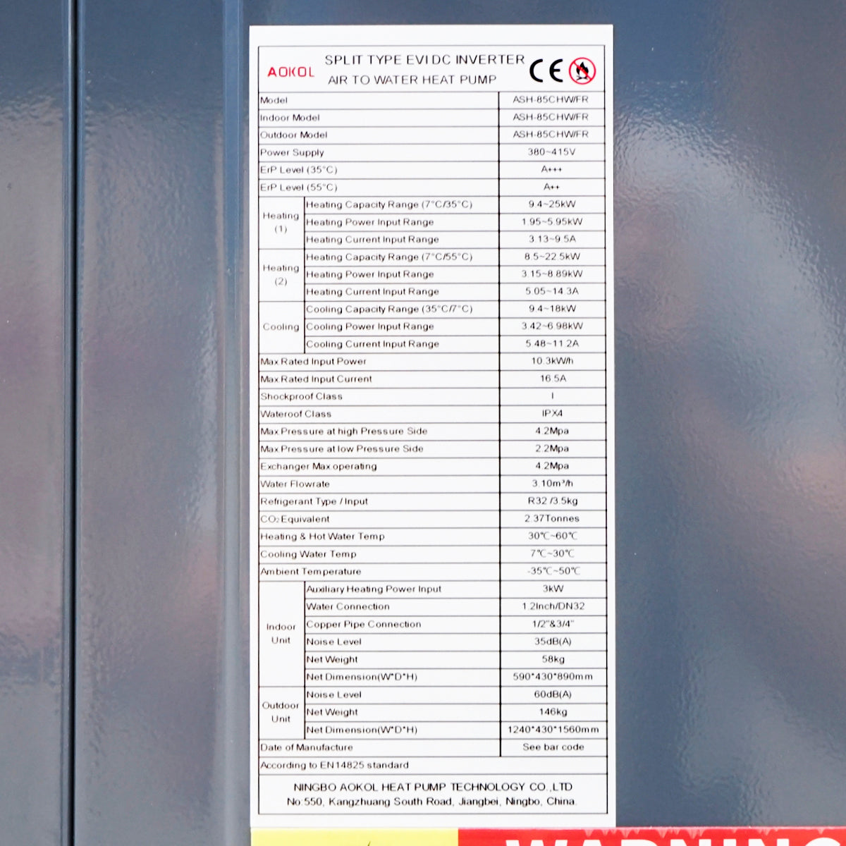 Hőszivattyú 25 kW, 380V, ASH-85CHW/FR, levegő-víz rendszer, Aokol