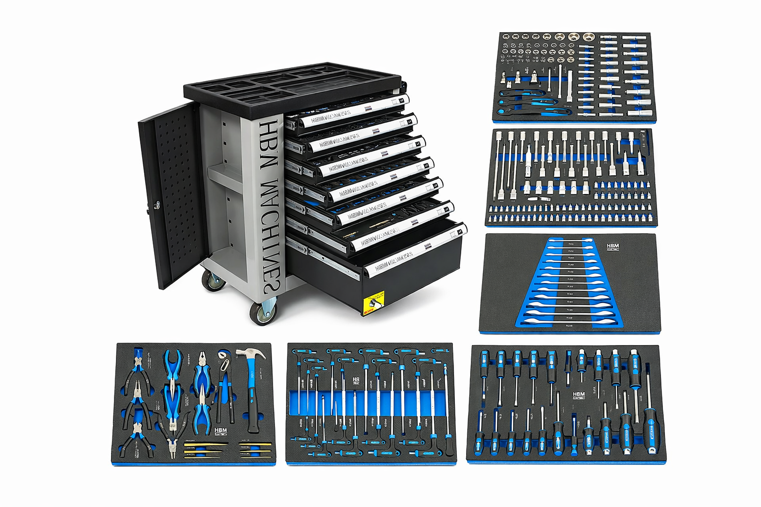 PROFESSZIONÁLIS FELSZERELT SZERSZÁMOS KOCSI – SZERSZÁMOS SZEKRÉNY HBM 7 FIÓKKAL, 245 DARABOS KÉSZLET, 6 SZÉNMODUL – HOLLANDIA, PRÉMIUM
