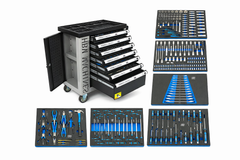 PROFESSZIONÁLIS FELSZERELT SZERSZÁMOS KOCSI – SZERSZÁMOS SZEKRÉNY HBM 7 FIÓKKAL, 245 DARABOS KÉSZLET, 6 SZÉNMODUL – HOLLANDIA, PRÉMIUM