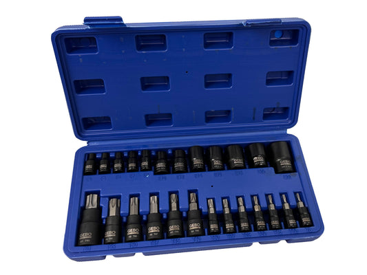 TORX BIT ÉS DUGÓKULCS KÉSZLET T8–T60 E-PROFIL E4–E20 1/4" 3/8" 1/2" 25 DB GEBO TOOLS