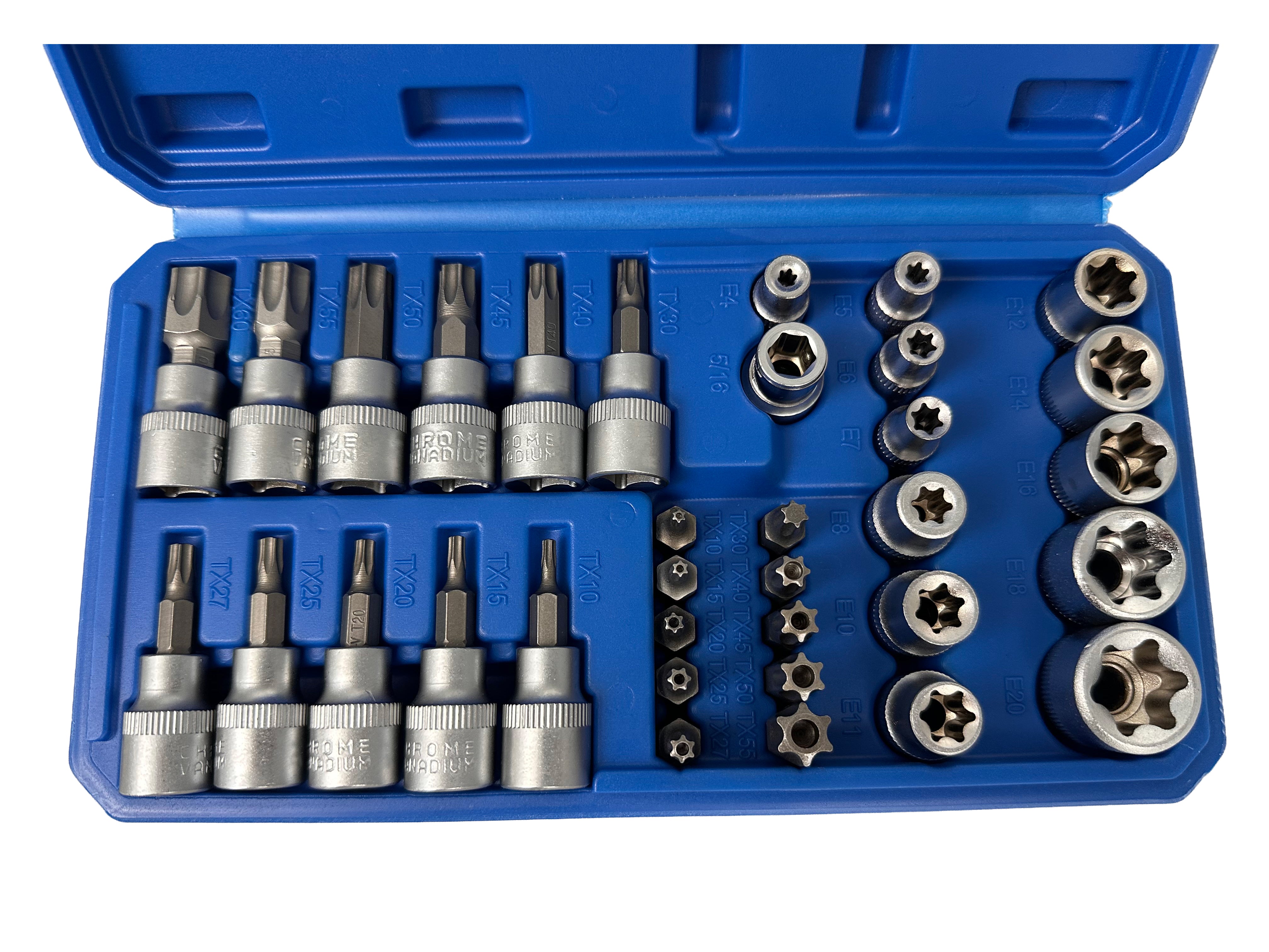 DUGÓKULCS KÉSZLET E-PROFIL TORX 3/8" 34 DB T10-T60 E4-E20 GEBO TOOLS