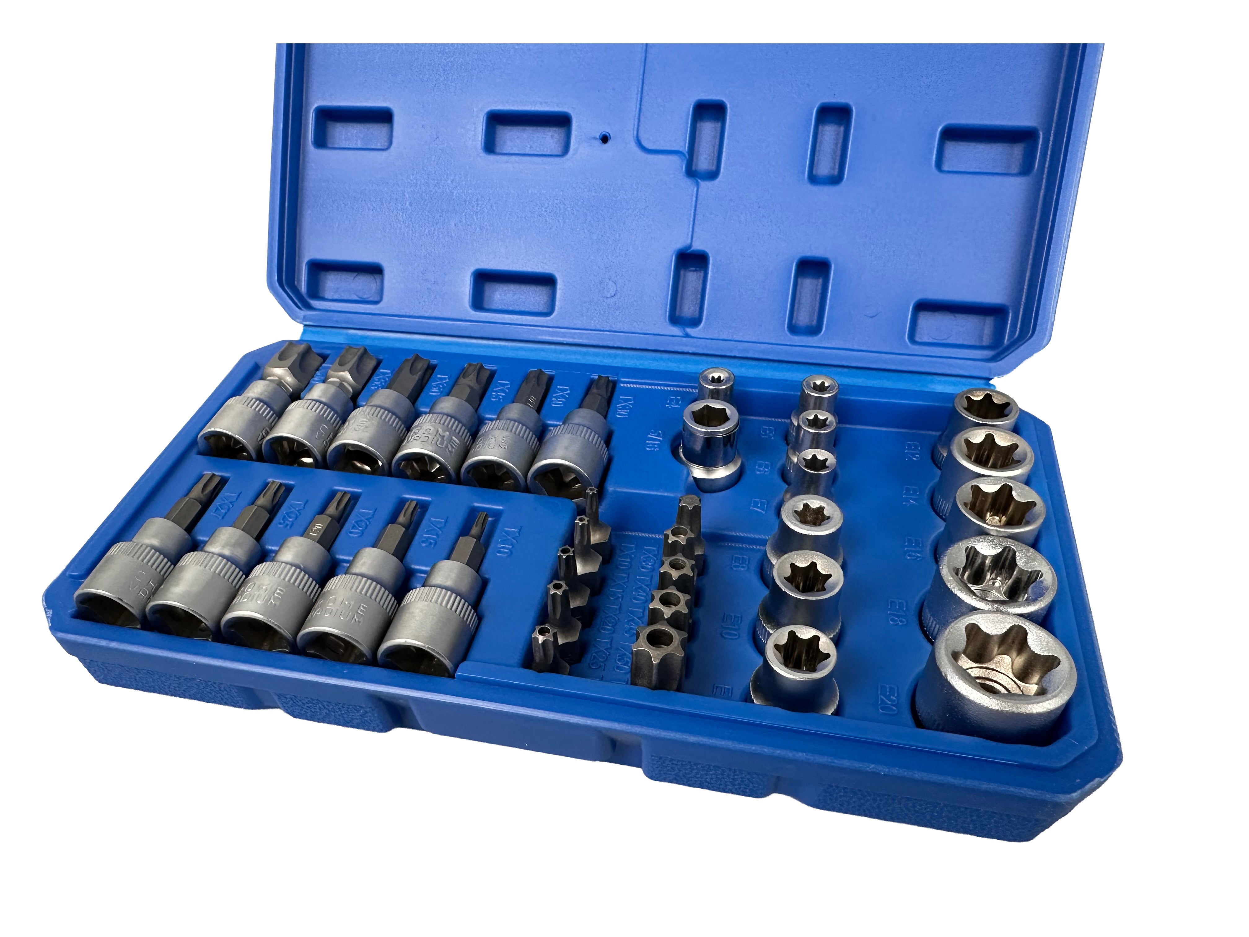 DUGÓKULCS KÉSZLET E-PROFIL TORX 3/8" 34 DB T10-T60 E4-E20 GEBO TOOLS