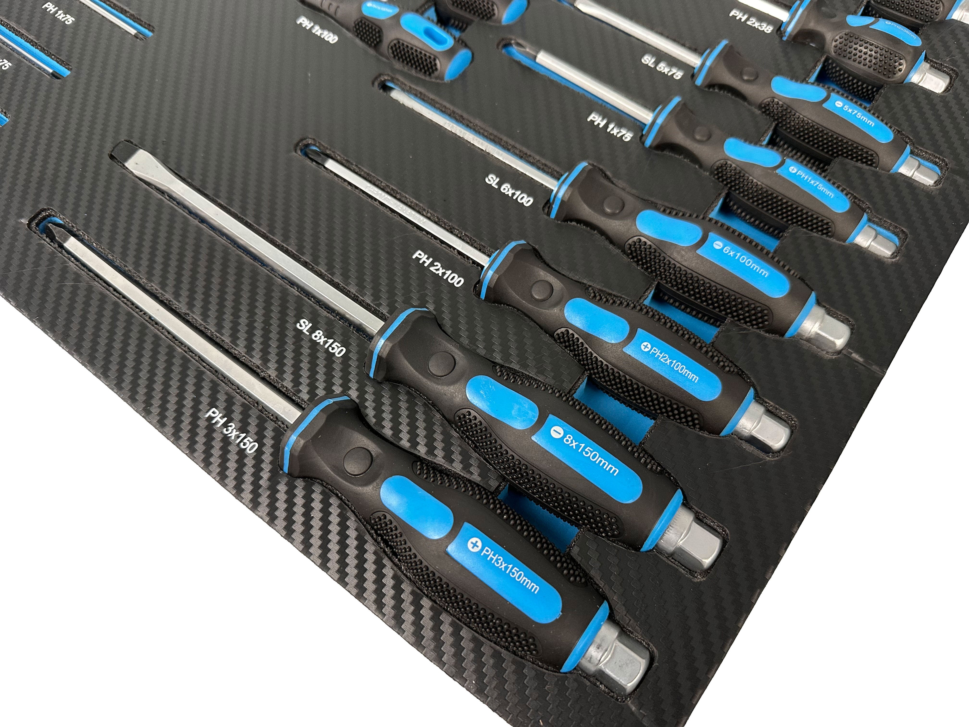 SZERSZÁMOS SZEKRÉNY – SZERSZÁMOS KOCSI TÁLCA PROFESSZIONÁLIS CSAVARHÚZÓKKAL 21 DB GEBO TOOLS