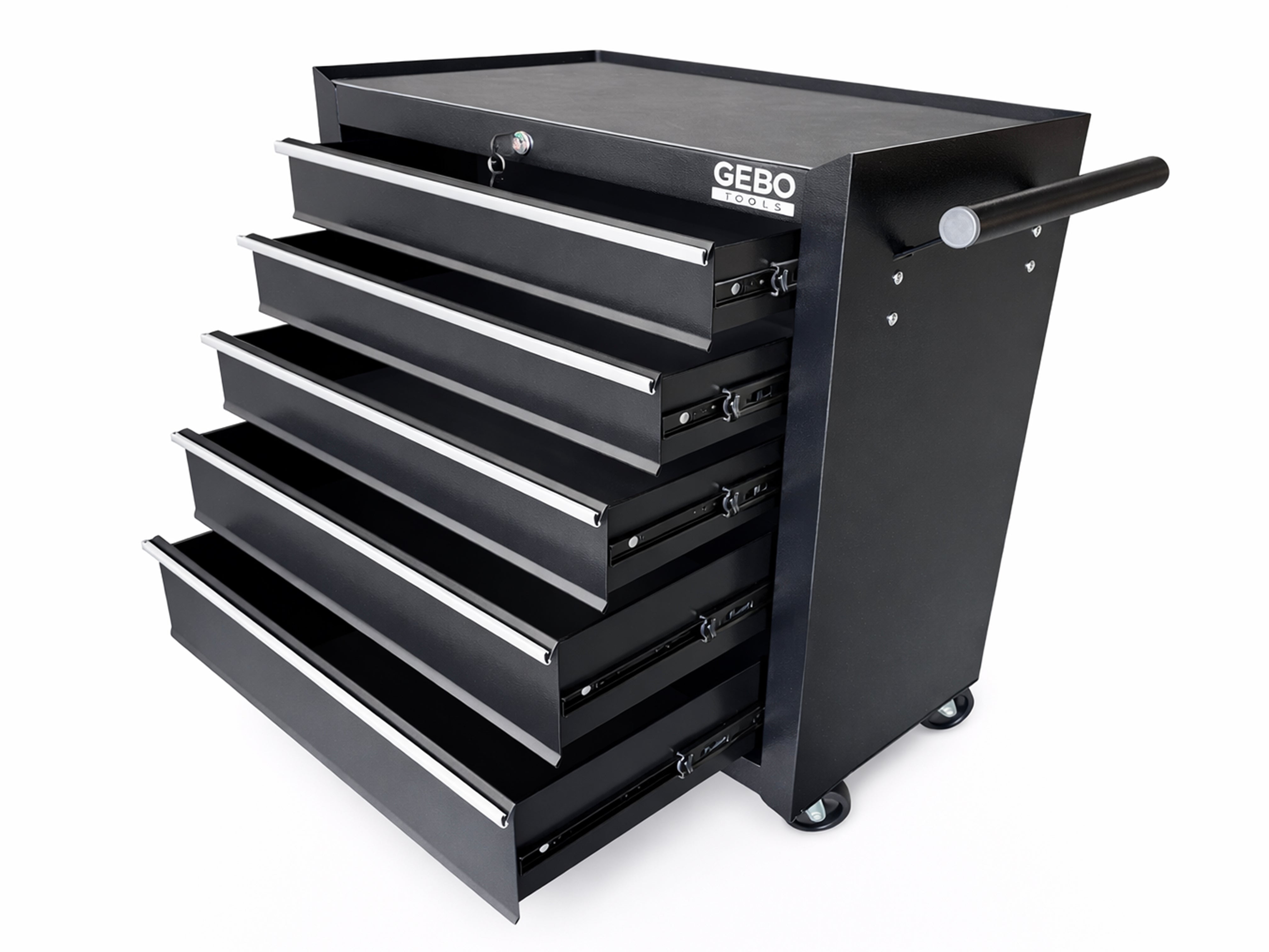 ÜRES FÉM SZERSZÁMOS KOCSI - SZERSZÁMOS SZEKRÉNY 5 FIÓKOS, FEKETE, KEREKEKKEL 78 X 62 X 33 CM GEBO TOOLS