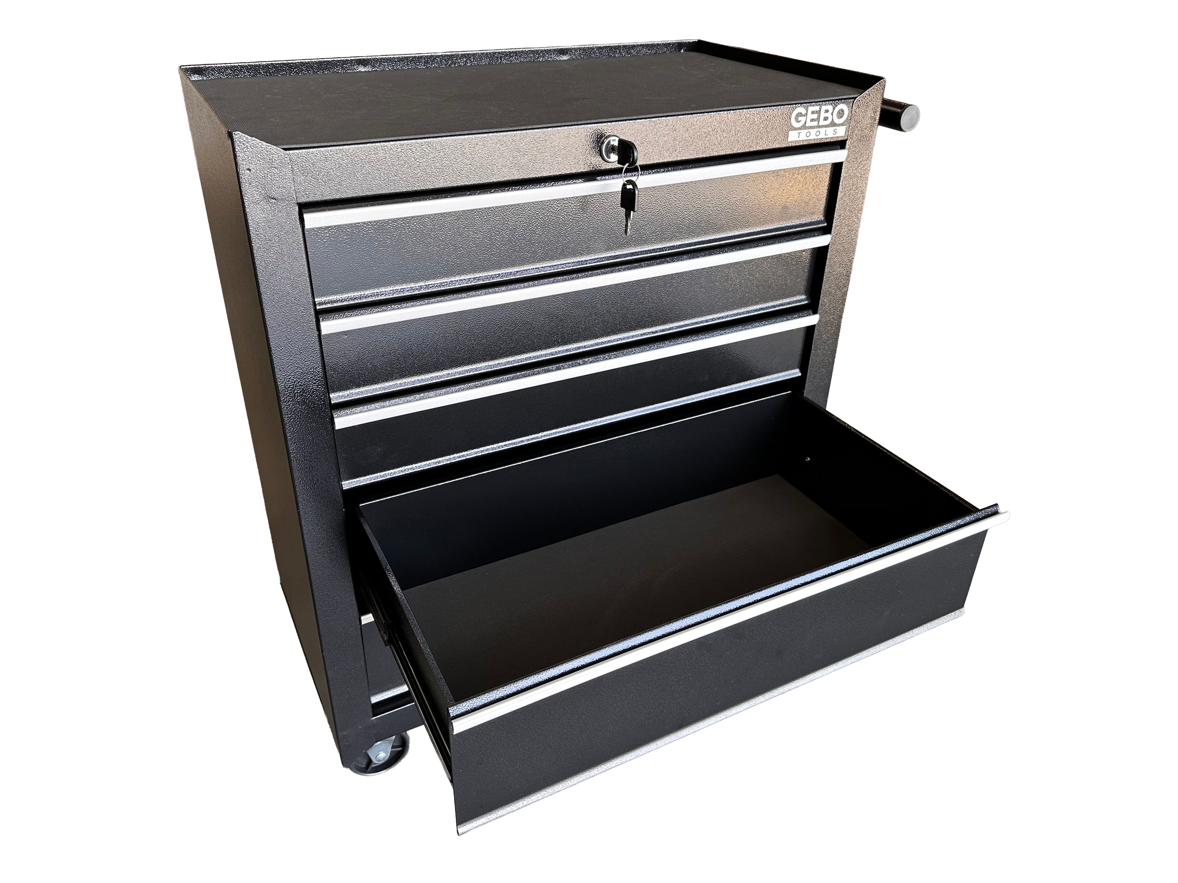 ÜRES FÉM SZERSZÁMOS KOCSI - SZERSZÁMOS SZEKRÉNY 5 FIÓKOS, FEKETE, KEREKEKKEL 78 X 62 X 33 CM GEBO TOOLS
