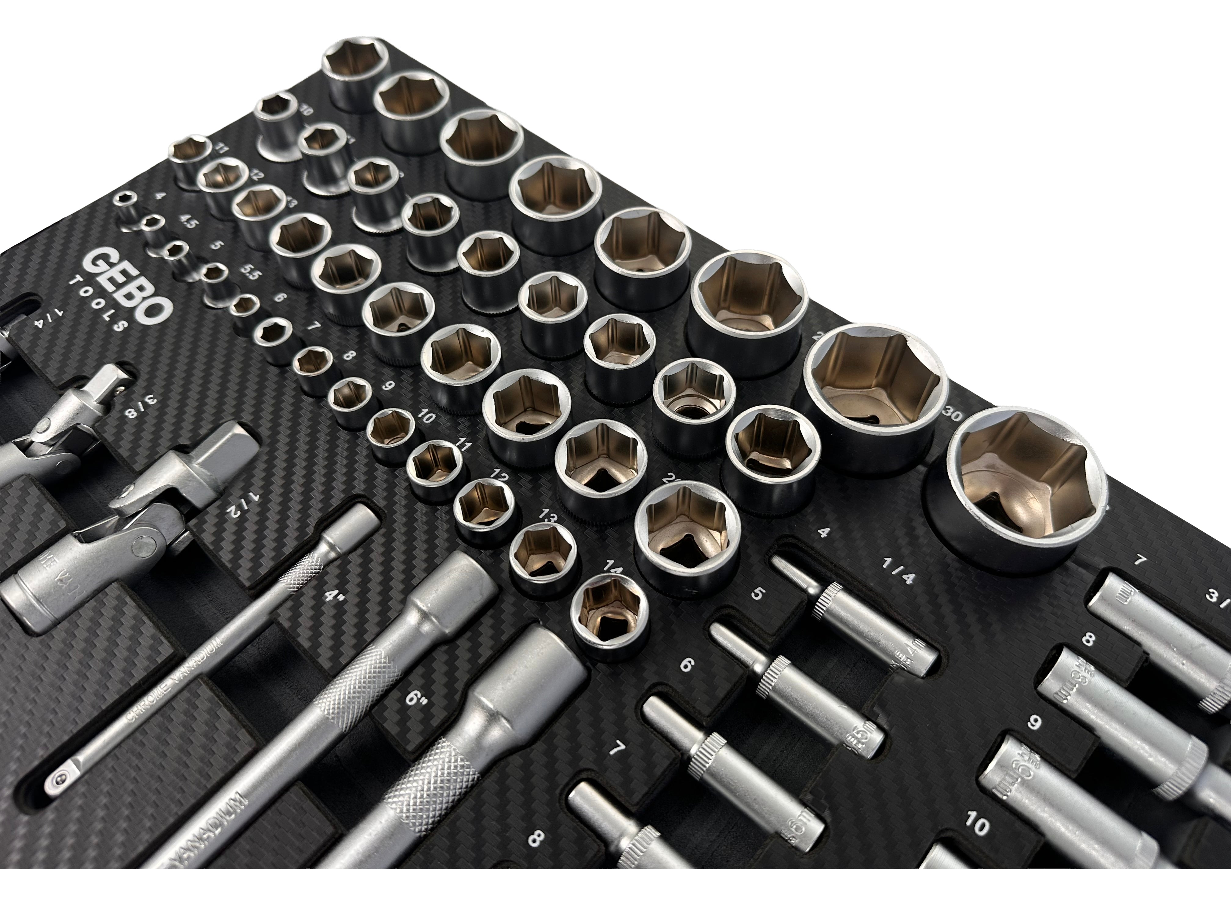 SZERSZÁMOS SZEKRÉNY – SZERSZÁMOS KOCSI DUGÓKULCS- ÉS RACSNIKULCS MODUL BITEKKEL, HOSSZABBÍTÓKKAL, ÁTMENETEKKEL , CSAVARKULCSOKKAL 1/2”, 3/8”, 1/4” CR-V 81 DB GEBO TOOLS