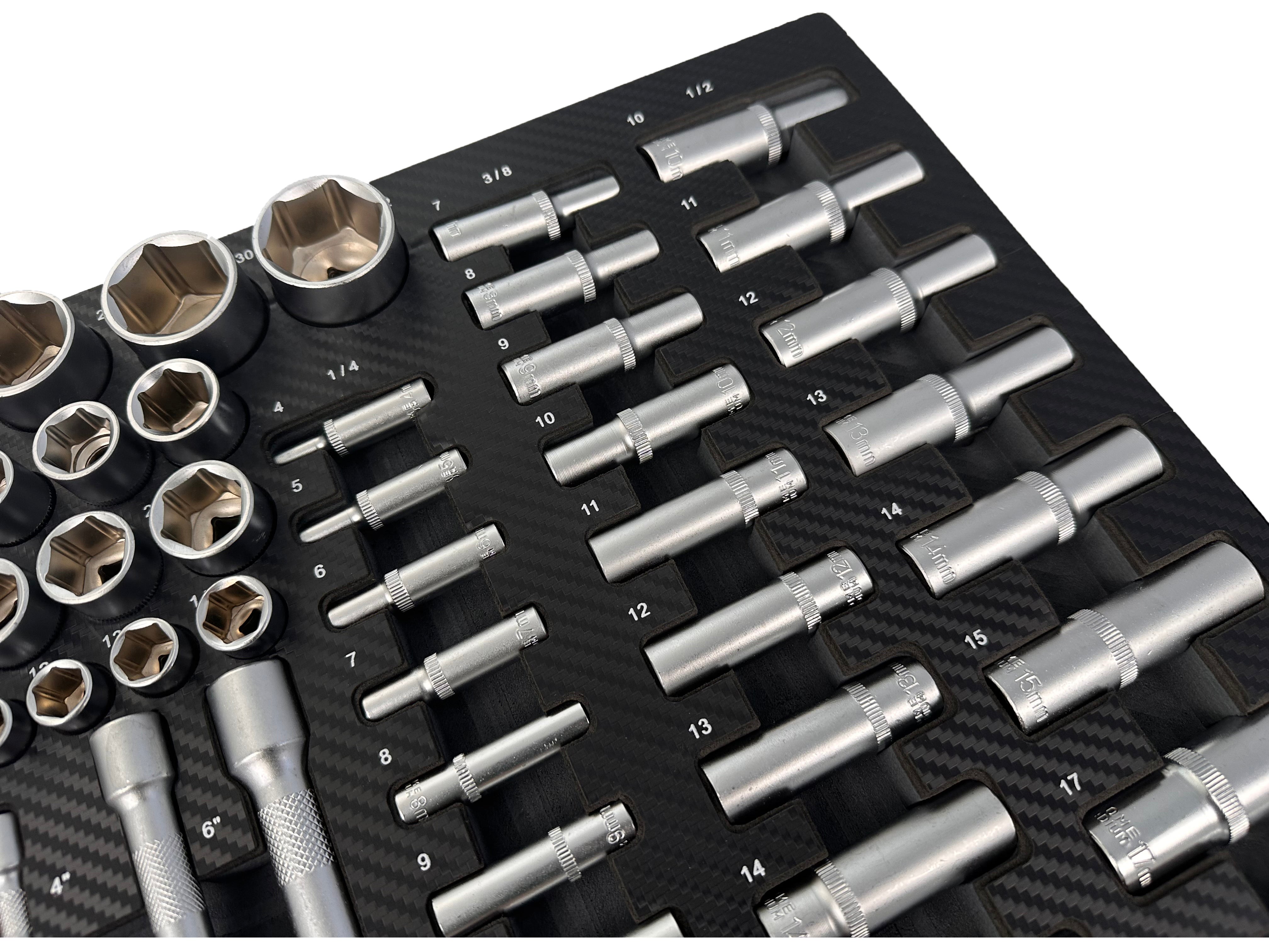 SZERSZÁMOS SZEKRÉNY – SZERSZÁMOS KOCSI DUGÓKULCS- ÉS RACSNIKULCS MODUL BITEKKEL, HOSSZABBÍTÓKKAL, ÁTMENETEKKEL , CSAVARKULCSOKKAL 1/2”, 3/8”, 1/4” CR-V 81 DB GEBO TOOLS