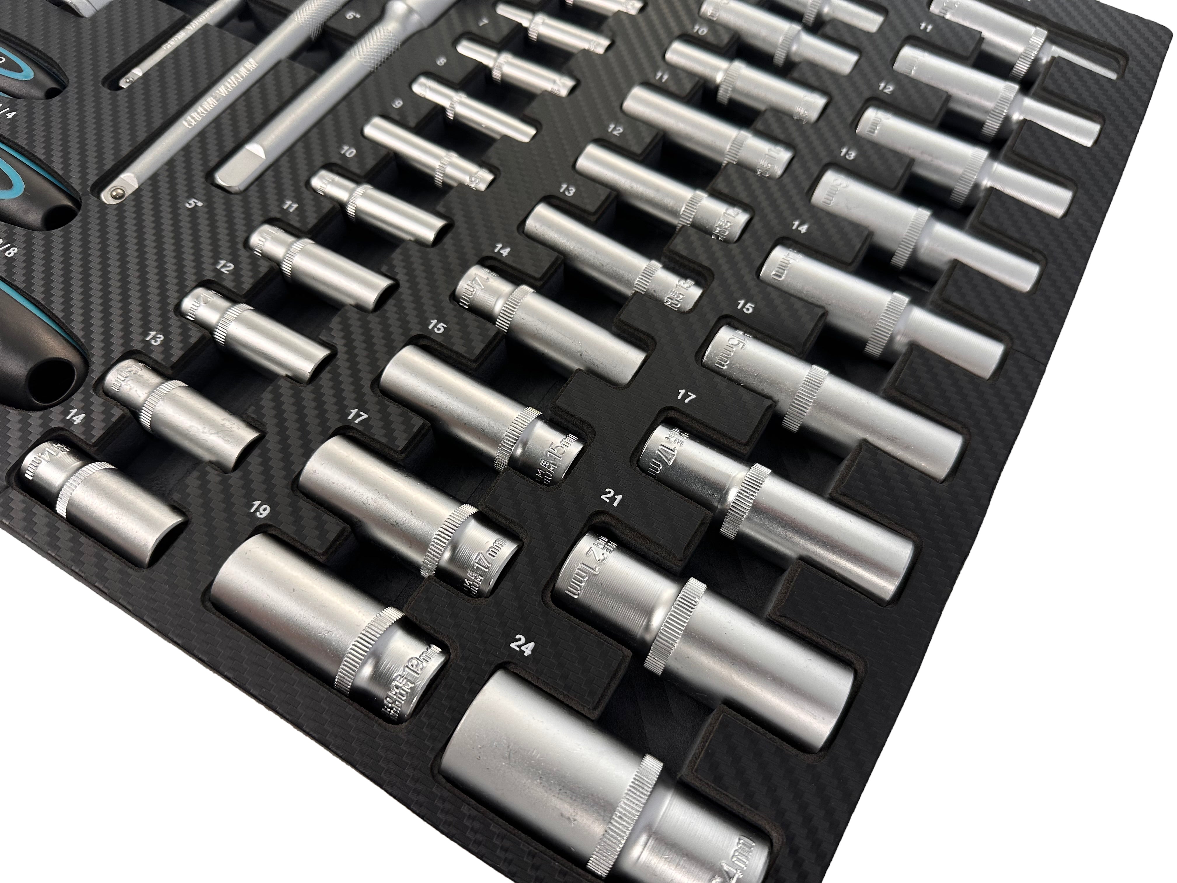 SZERSZÁMOS SZEKRÉNY – SZERSZÁMOS KOCSI DUGÓKULCS- ÉS RACSNIKULCS MODUL BITEKKEL, HOSSZABBÍTÓKKAL, ÁTMENETEKKEL , CSAVARKULCSOKKAL 1/2”, 3/8”, 1/4” CR-V 81 DB GEBO TOOLS