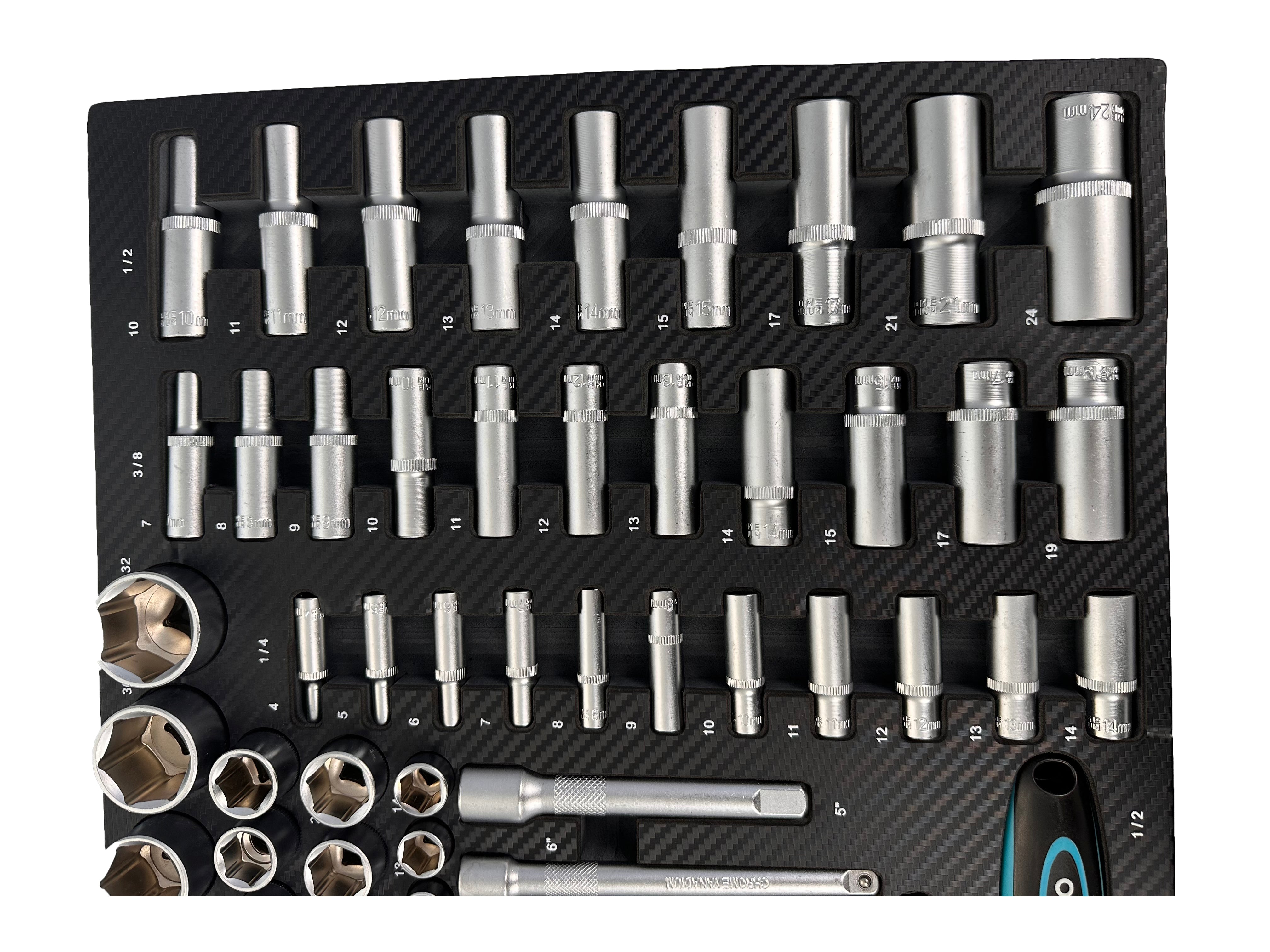 SZERSZÁMOS SZEKRÉNY – SZERSZÁMOS KOCSI DUGÓKULCS- ÉS RACSNIKULCS MODUL BITEKKEL, HOSSZABBÍTÓKKAL, ÁTMENETEKKEL , CSAVARKULCSOKKAL 1/2”, 3/8”, 1/4” CR-V 81 DB GEBO TOOLS