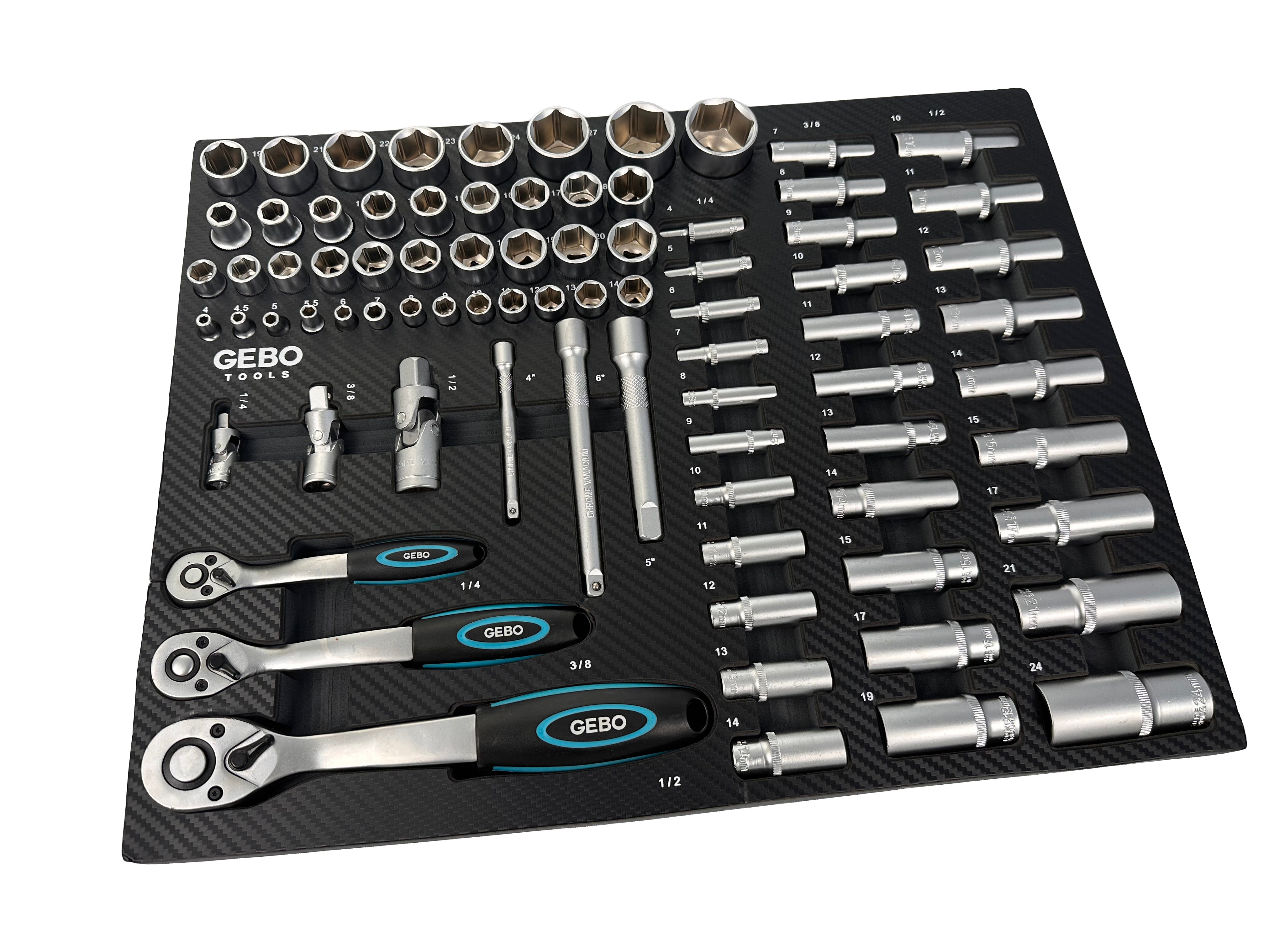 SZERSZÁMOS SZEKRÉNY – SZERSZÁMOS KOCSI DUGÓKULCS- ÉS RACSNIKULCS MODUL BITEKKEL, HOSSZABBÍTÓKKAL, ÁTMENETEKKEL , CSAVARKULCSOKKAL 1/2”, 3/8”, 1/4” CR-V 81 DB GEBO TOOLS