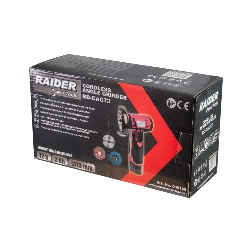 Akkumulátoros sarokcsiszoló 12V 75x10mm RAIDER