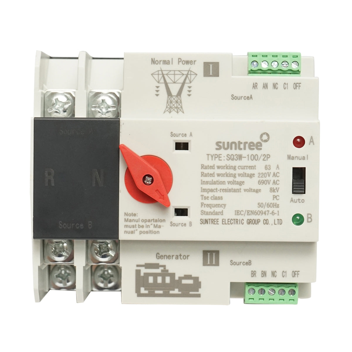 ATS 220V egyfázisú kapcsoló, ATS-2P-63A ATS-2P-63A automatikus leválasztó kapcsoló a fotovoltaikus panelekről a hálózatra Suntree