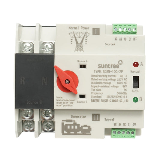 ATS 220V egyfázisú kapcsoló, ATS-2P-63A ATS-2P-63A automatikus leválasztó kapcsoló a fotovoltaikus panelekről a hálózatra Suntree