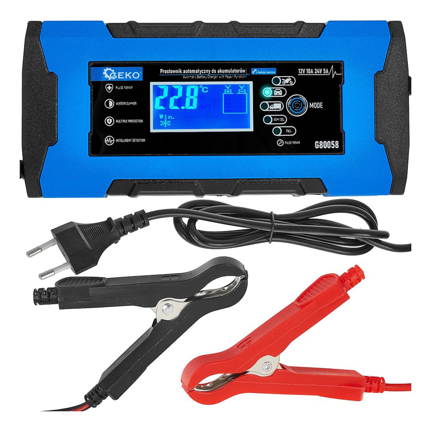 Autó akkumulátor bikázó - egyenirányító digitális LCD kijelzővel 12V/24V 10a javító funkcióval GEKO