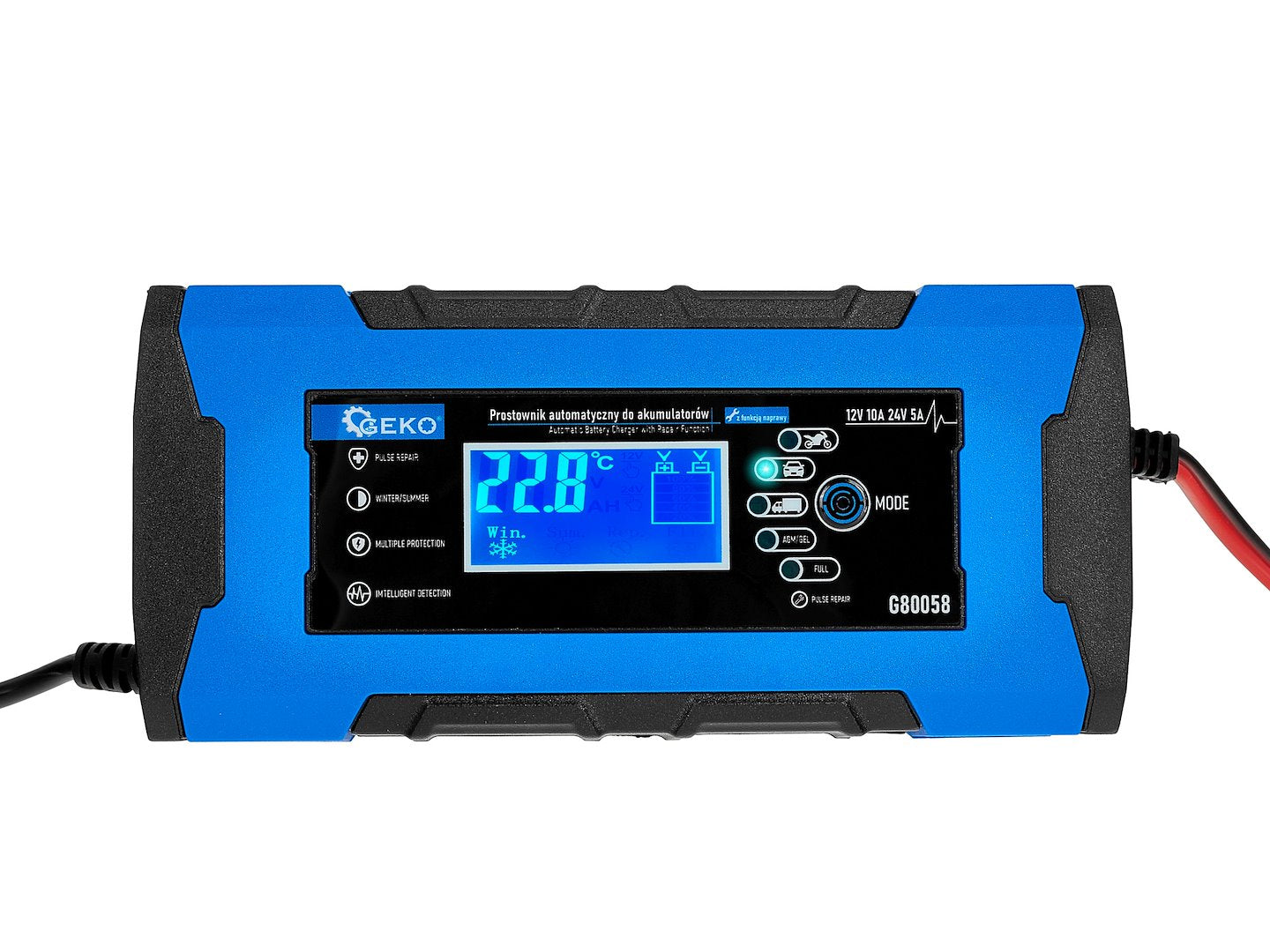 Autó akkumulátor bikázó - egyenirányító digitális LCD kijelzővel 12V/24V 10a javító funkcióval GEKO