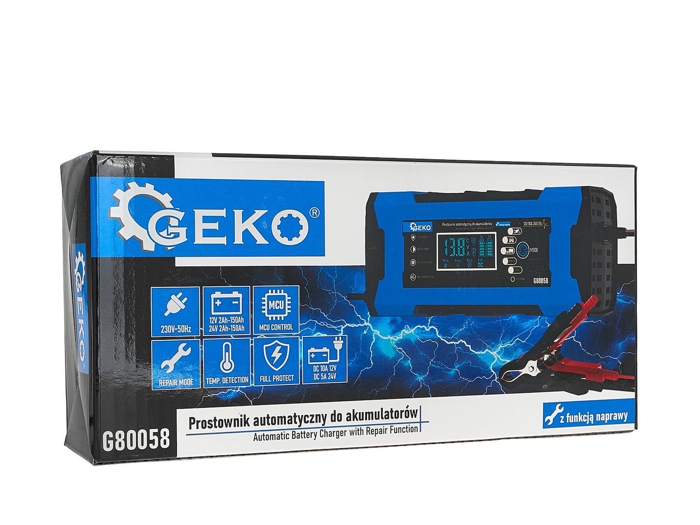 Autó akkumulátor bikázó - egyenirányító digitális LCD kijelzővel 12V/24V 10a javító funkcióval GEKO