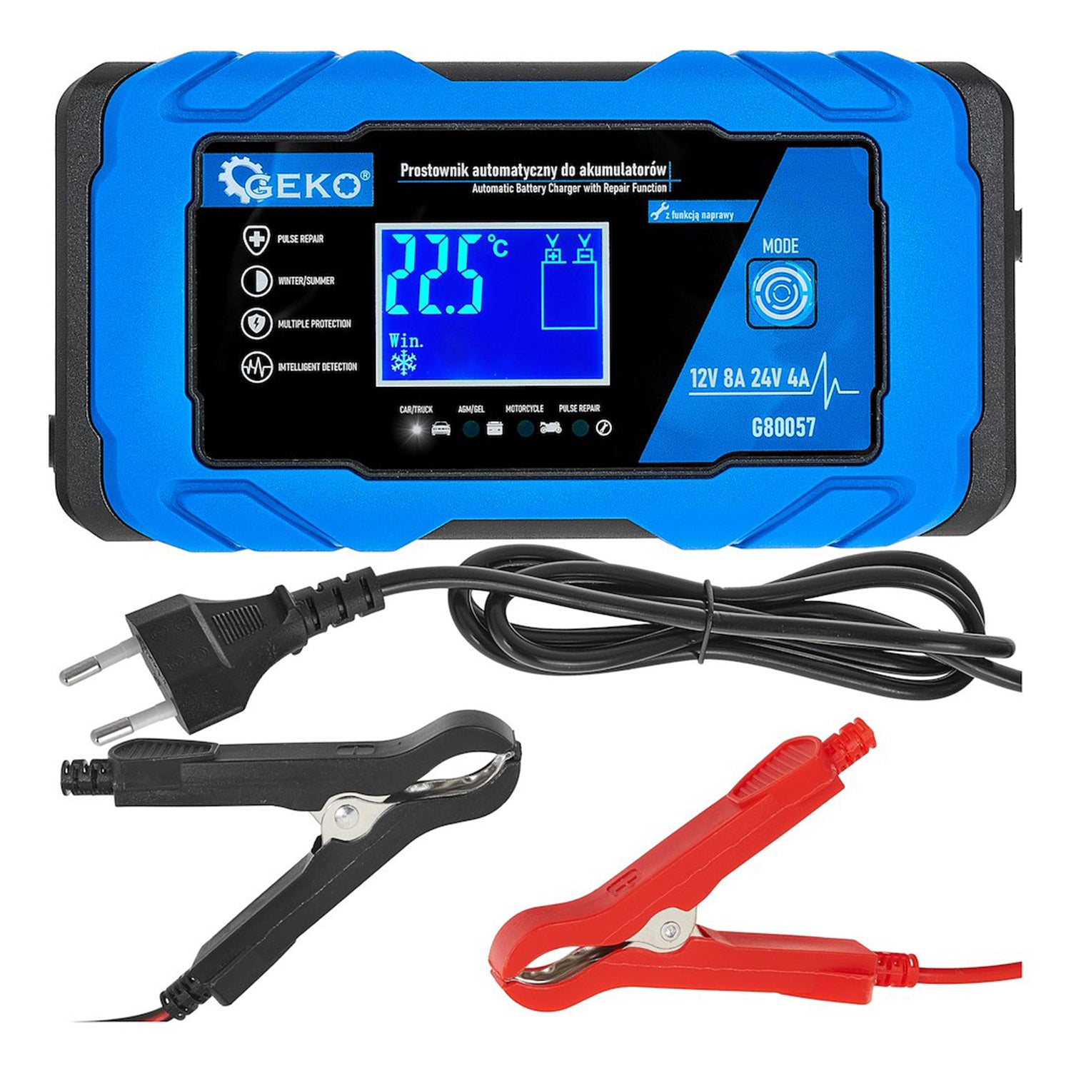 Autó akkumulátor bikázó - egyenirányító digitális LCD kijelzővel 12V/24V 8a javító funkcióval GEKO
