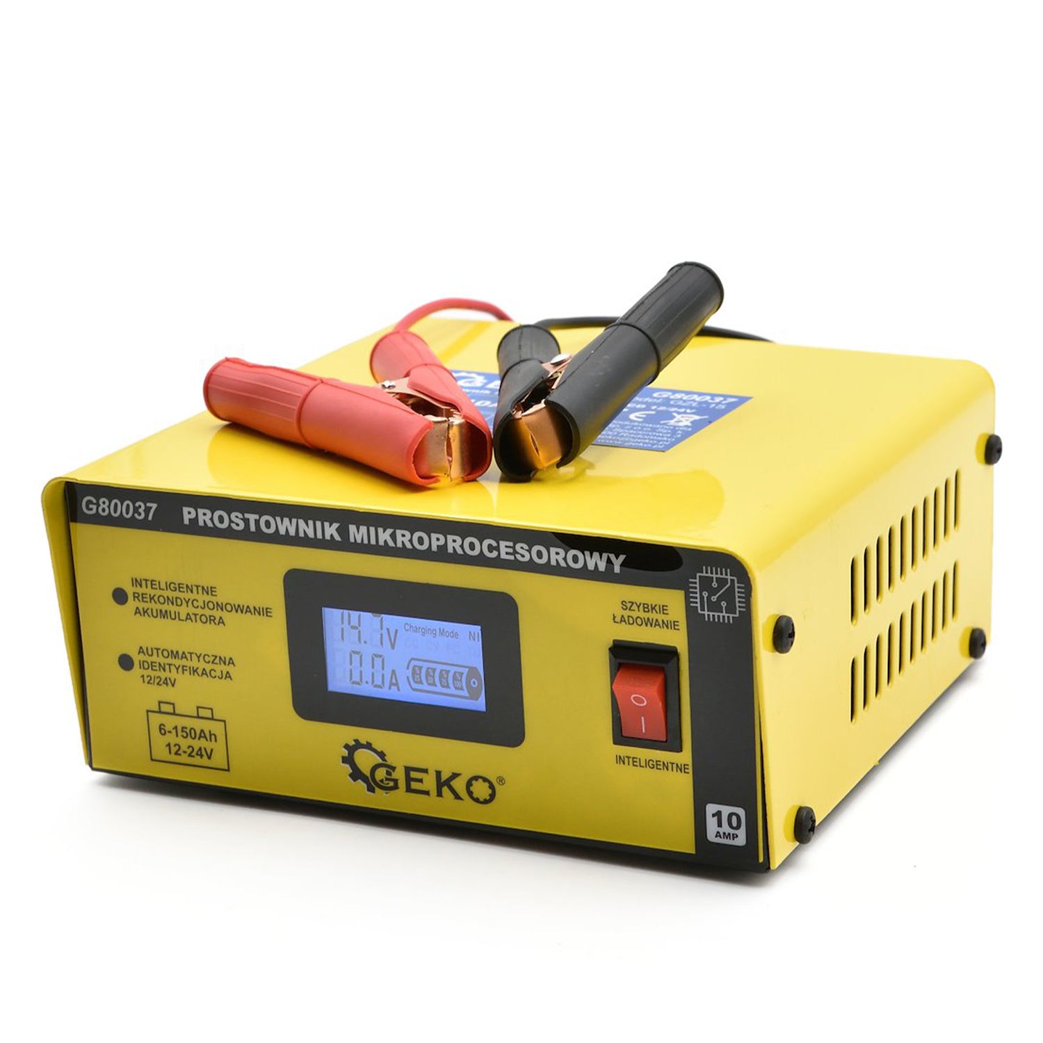 Autó akkumulátor töltő mikroprocesszoros 12/24V LCD-s 15a, 6–200 ah akkumulátorokhoz GEKO