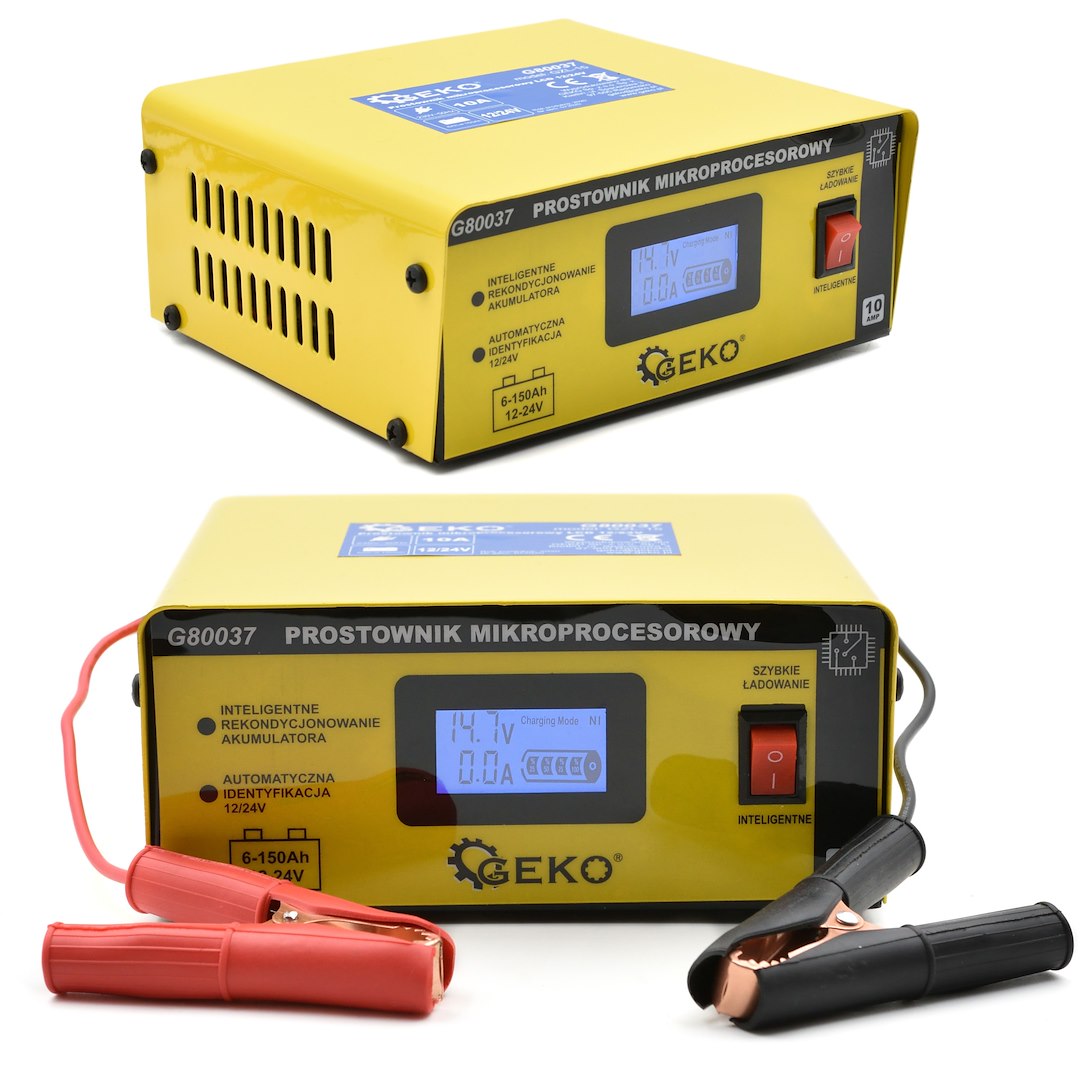 Autó akkumulátor töltő mikroprocesszoros 12/24V LCD-s 15a, 6–200 ah akkumulátorokhoz GEKO