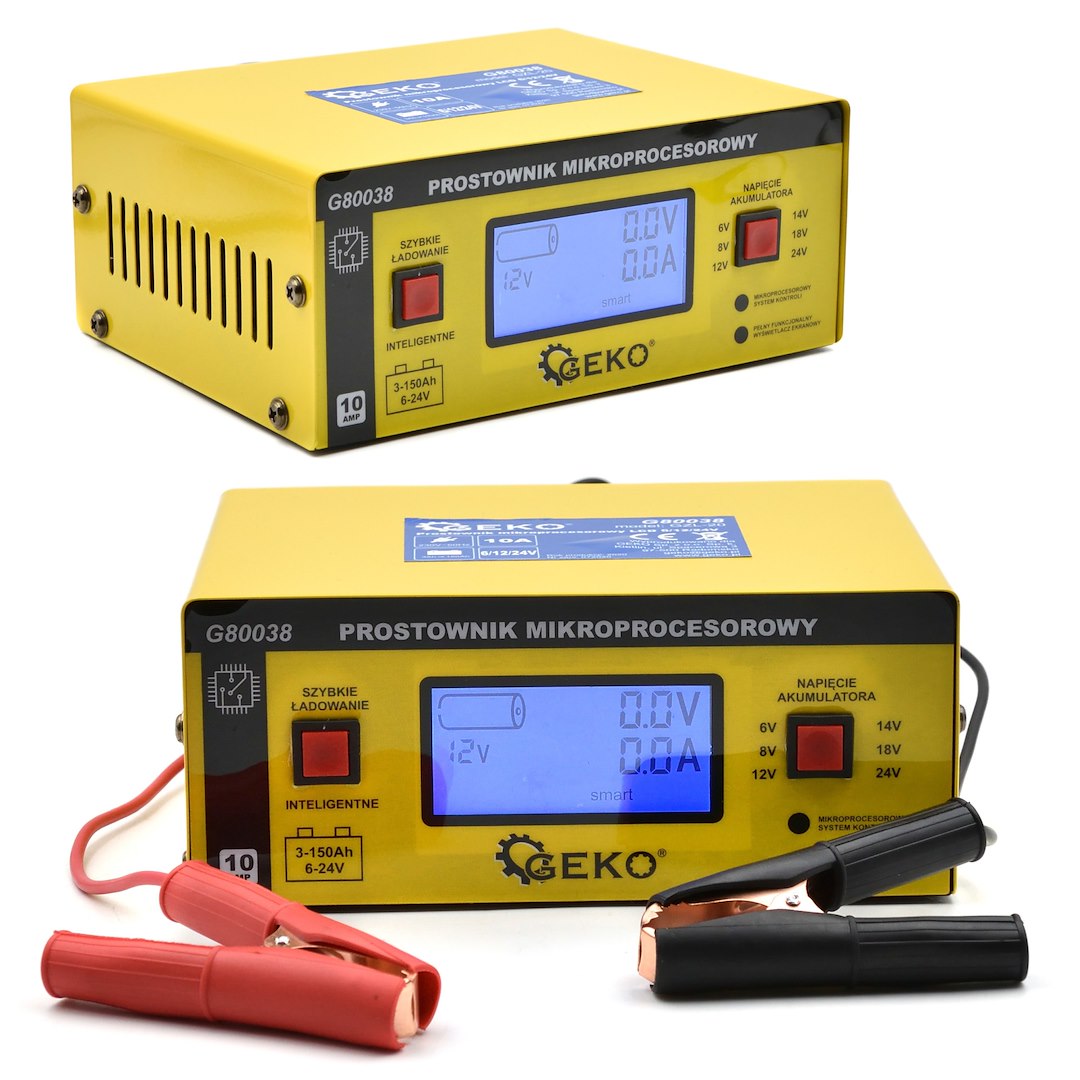 Autó akkumulátor töltő mikroprocesszoros 6/12/24V LCD-s 15a, 6–200 ah akkumulátorokhoz GEKO