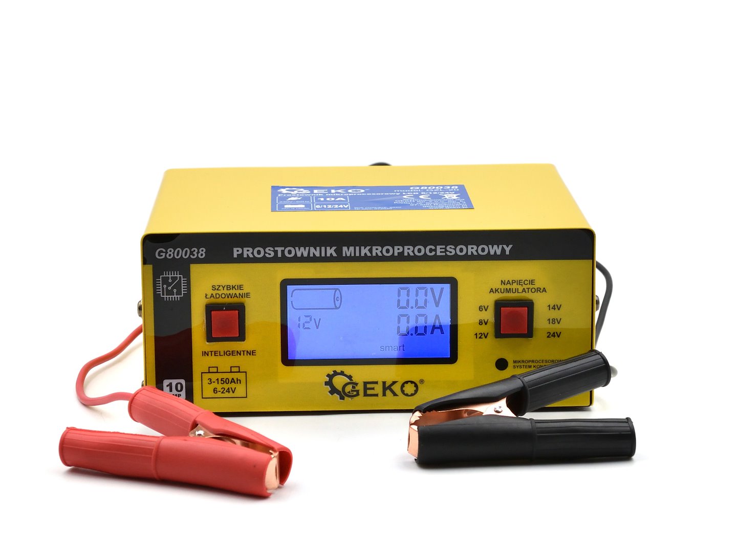 Autó akkumulátor töltő mikroprocesszoros 6/12/24V LCD-s 15a, 6–200 ah akkumulátorokhoz GEKO