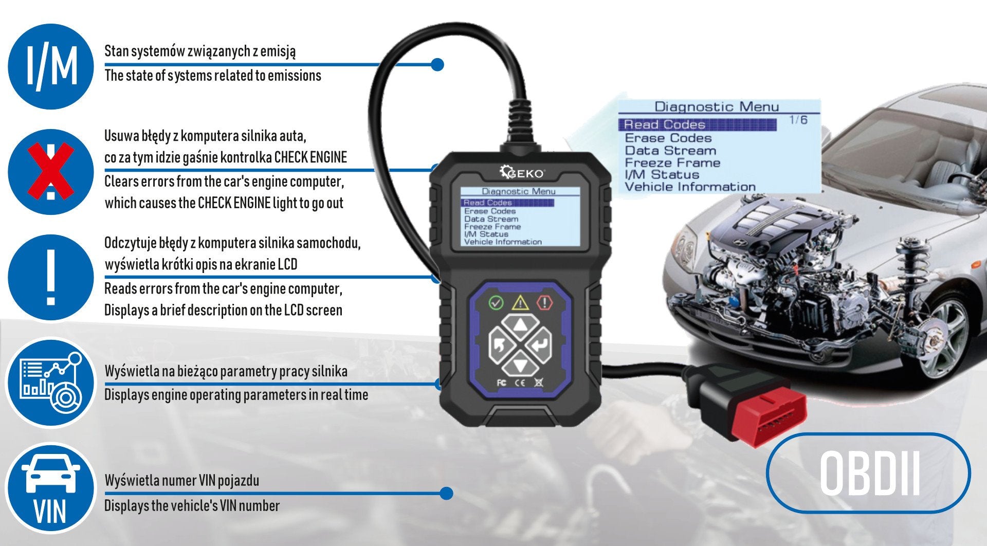 Autódiagnosztikai interfész - teszter OBD2 LCD kijelzővel