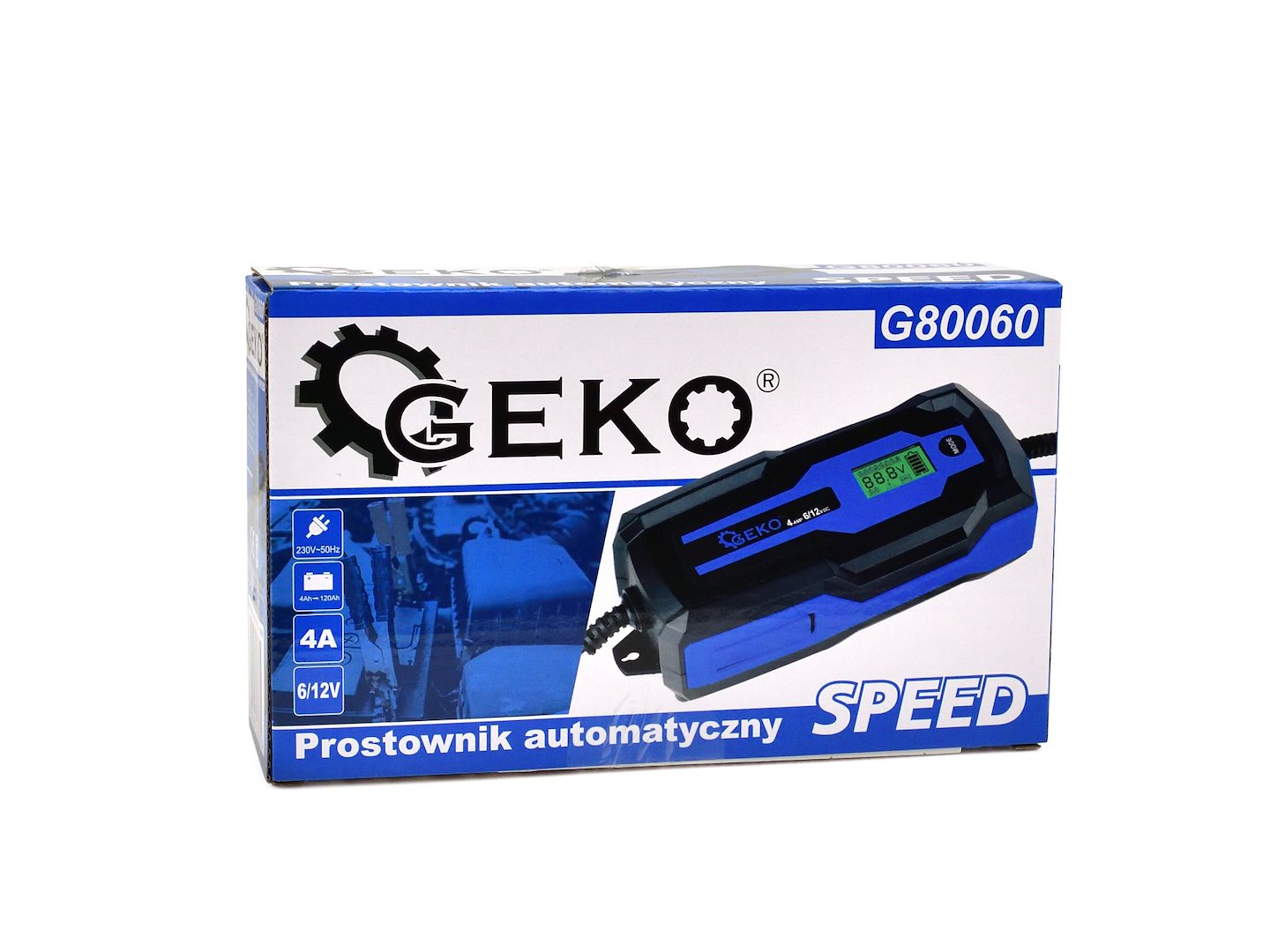 Automata autó akkumulátor töltő LCD kijelzővel 6/12V 4a LCD  4–120 ah akkumulátorokhoz GEKO