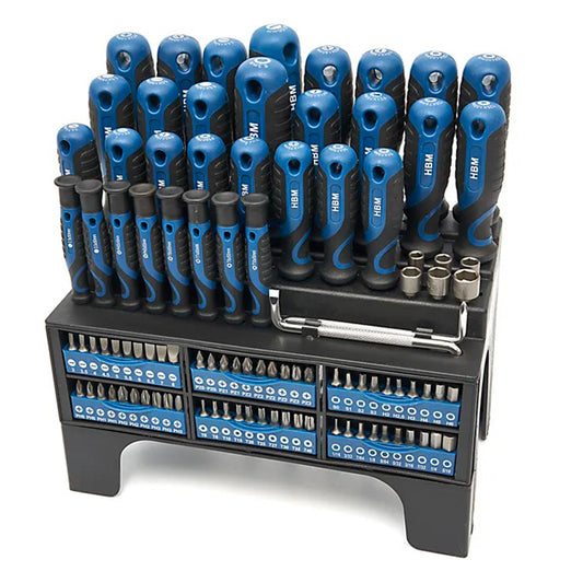 100 DARABOS KÉSZLET: CSAVARHÚZÓ, BITEK, DUGÓKULCSOK, CRV ACÉLBÓL TÁROLÓ ÁLLVÁNNYAL PUHA FOGANTYÚ HBM HOLLANDIA