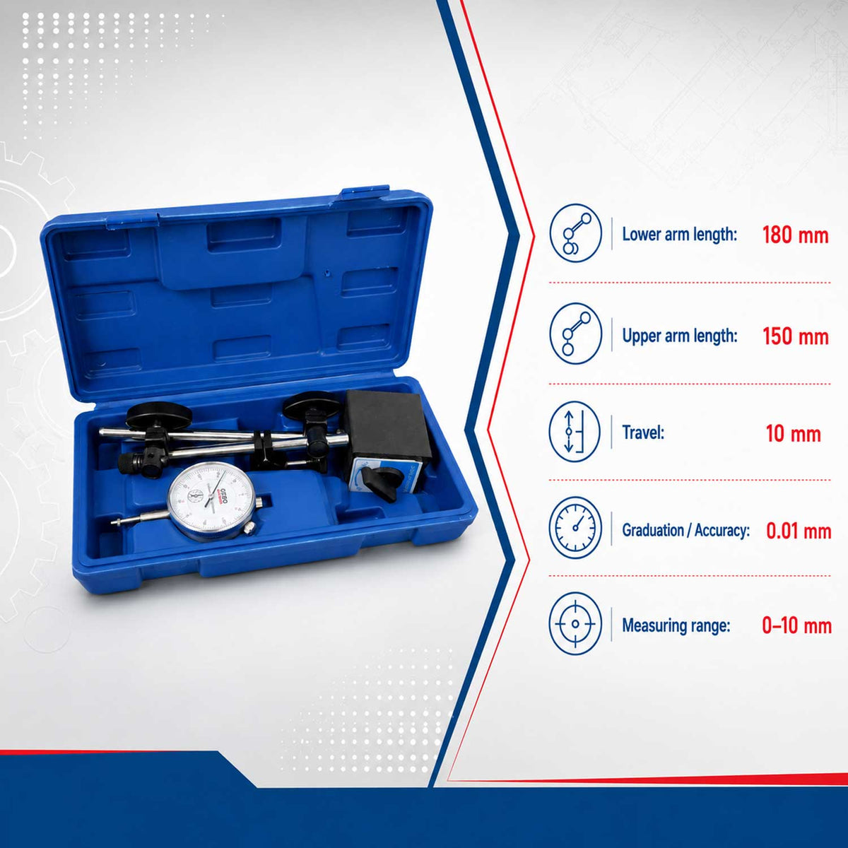 Indikátor óra mágneses állvánnyal 0-10mm GEBO TOOLS