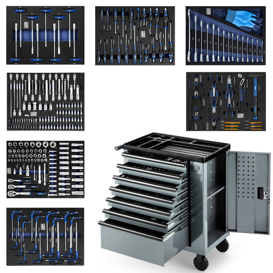 Professzionális felszerelt szerszámos kocsi – szerszámos szekrény HBM 7 fiókkal, 262 darabos készlet, 7 széNModul – hollandia, prémium