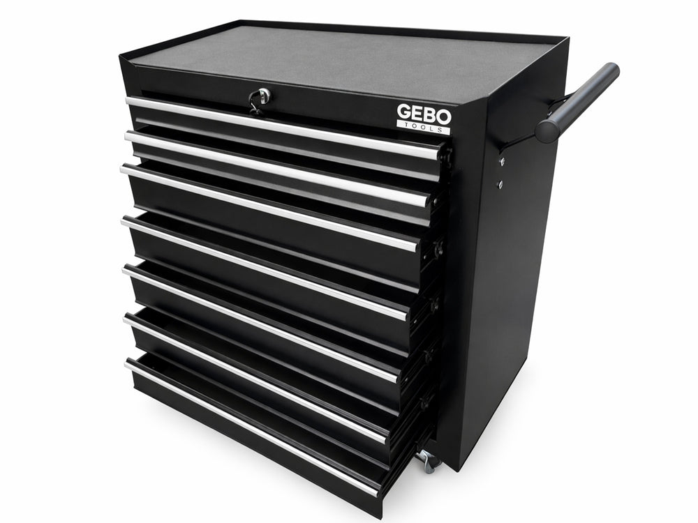 Üres fém szerszámos kocsi - szerszámos szekrény 7 fiókos, fekete, kerekekkel 78 x 62 x 33 cm GEBO TOOLS