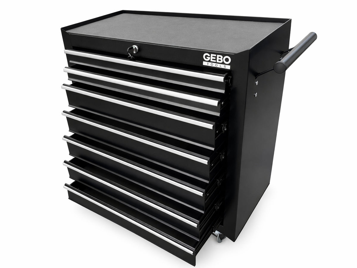 Üres fém szerszámos kocsi - szerszámos szekrény 7 fiókos, fekete, kerekekkel 78 x 62 x 33 cm GEBO TOOLS