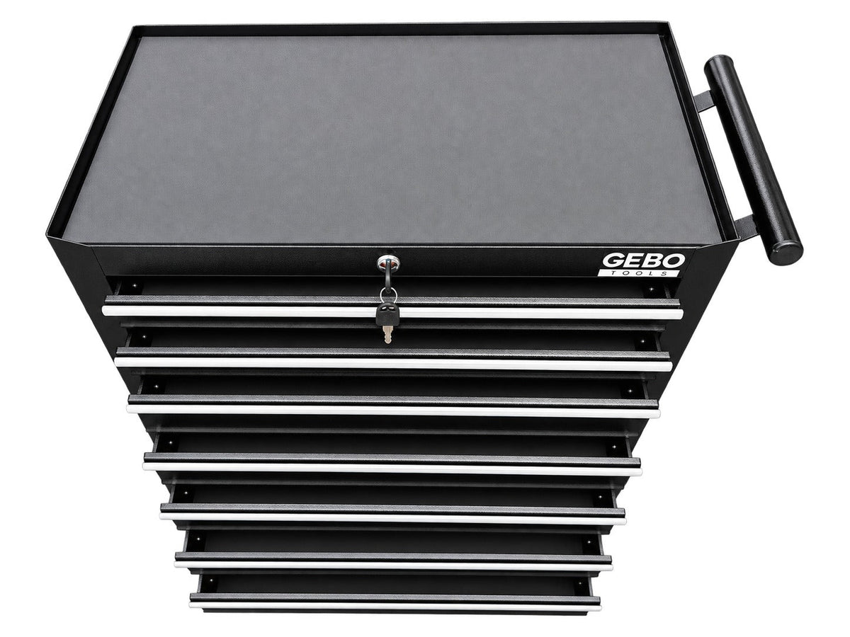 Üres fém szerszámos kocsi - szerszámos szekrény 7 fiókos, fekete, kerekekkel 78 x 62 x 33 cm GEBO TOOLS