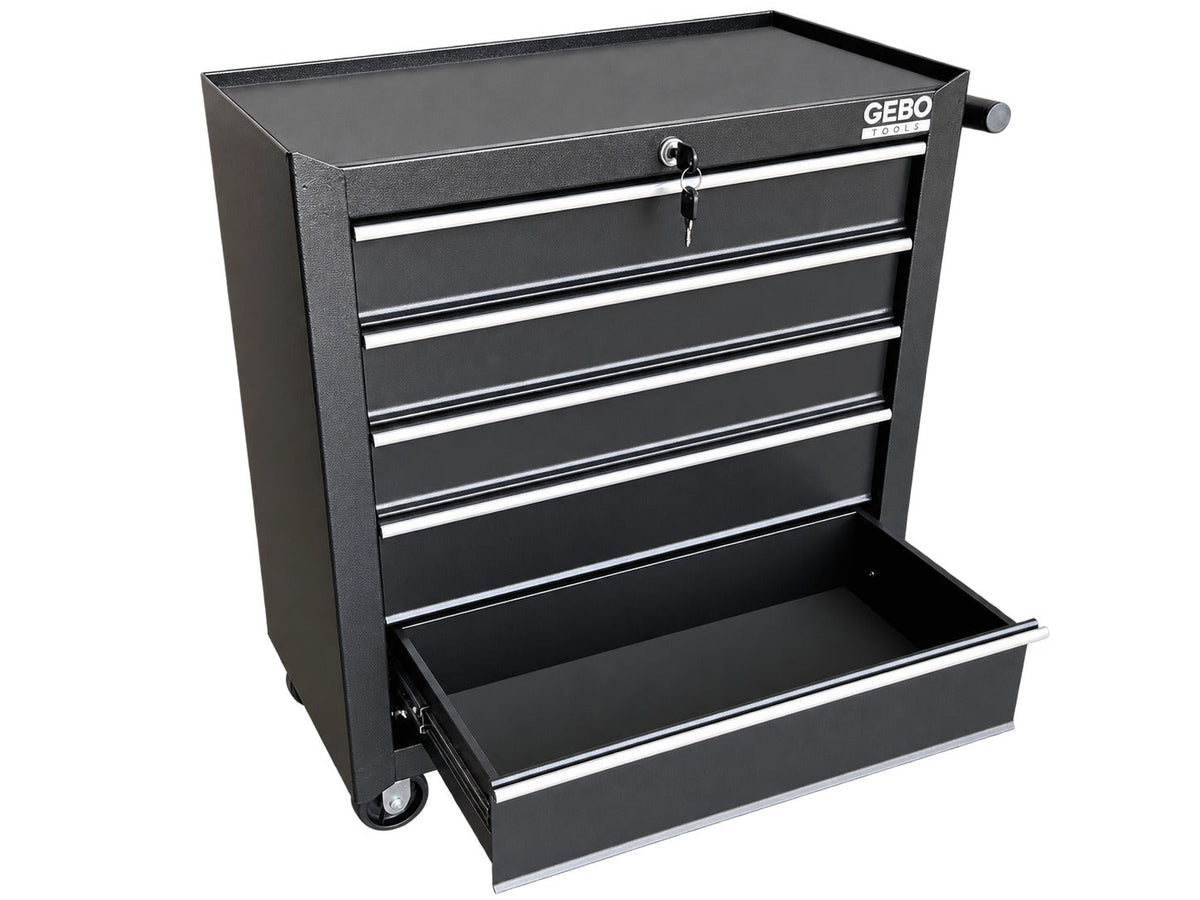 Üres fém szerszámos kocsi - szerszámos szekrény 5 fiókos, fekete, kerekekkel 78 x 62 x 33 cm GEBO TOOLS