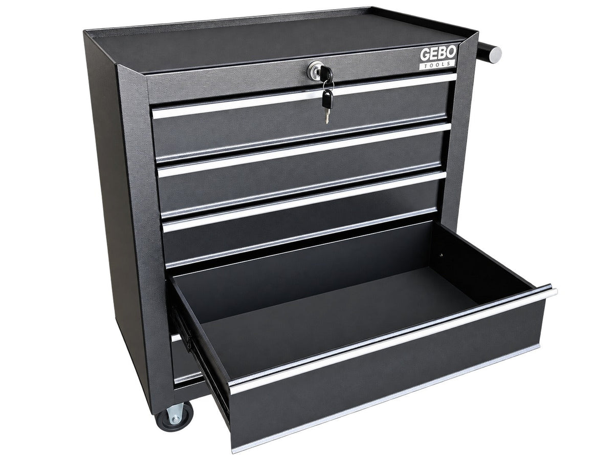 Üres fém szerszámos kocsi - szerszámos szekrény 5 fiókos, fekete, kerekekkel 78 x 62 x 33 cm GEBO TOOLS