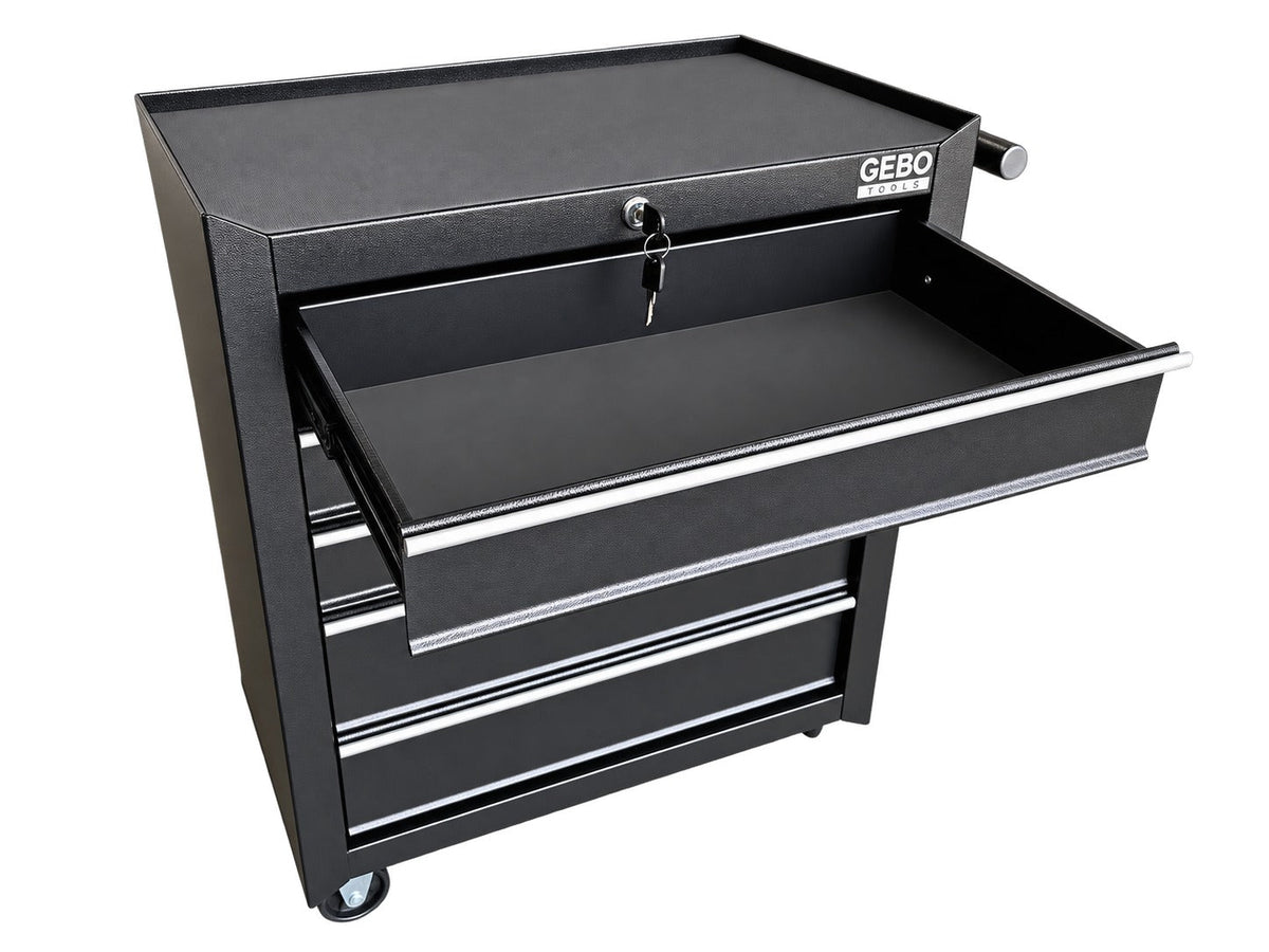 Üres fém szerszámos kocsi - szerszámos szekrény 5 fiókos, fekete, kerekekkel 78 x 62 x 33 cm GEBO TOOLS