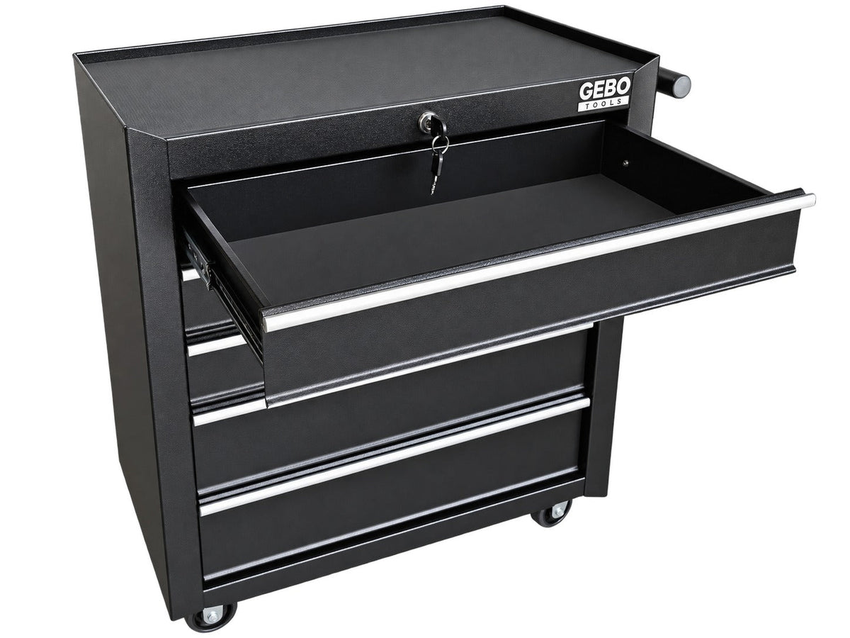 Üres fém szerszámos kocsi - szerszámos szekrény 5 fiókos, fekete, kerekekkel 78 x 62 x 33 cm GEBO TOOLS