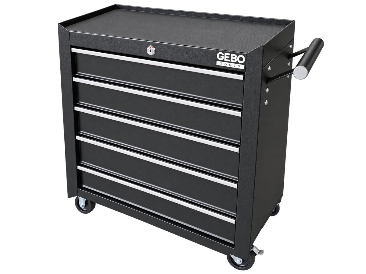 Üres fém szerszámos kocsi - szerszámos szekrény 5 fiókos, fekete, kerekekkel 78 x 62 x 33 cm GEBO TOOLS