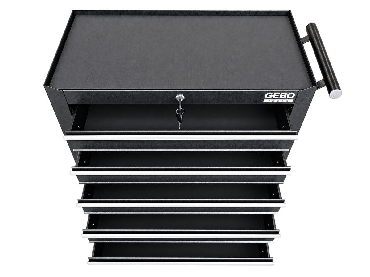 Üres fém szerszámos kocsi - szerszámos szekrény 5 fiókos, fekete, kerekekkel 78 x 62 x 33 cm GEBO TOOLS