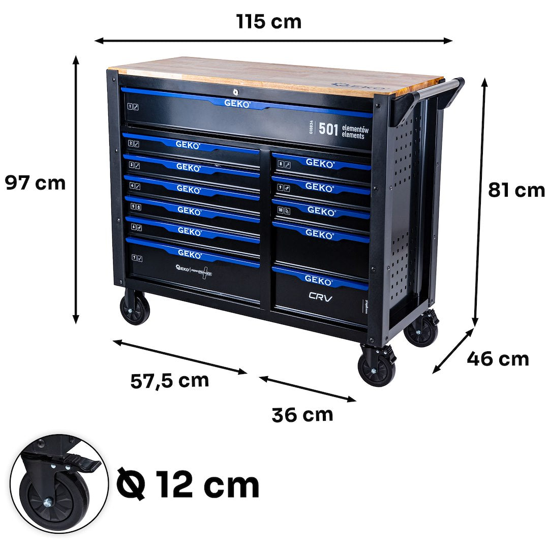 Felszerelt szerszámos kocsi – szerszámos szekrény 12 fiókkal 10 modul 501 db