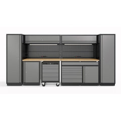 PROFESSZIONÁLIS FÉM MŰHELYBÚTOR KÉSZLET 420CM – 13 DB LED-ES ÉS TÖMÖRFA  MUNKALAPPAL – HBM HOLLANDIA