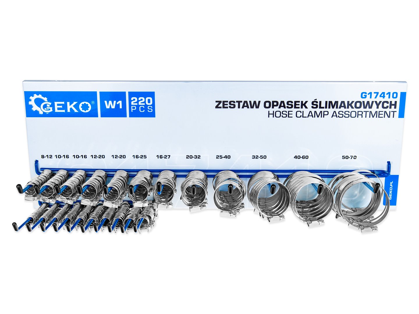 Fém tömlőbilincs készlet fali tartóval 220 db