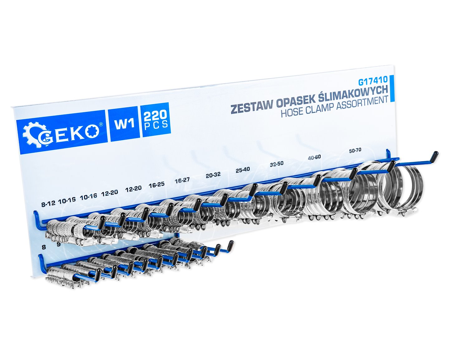 Fém tömlőbilincs készlet fali tartóval 220 db