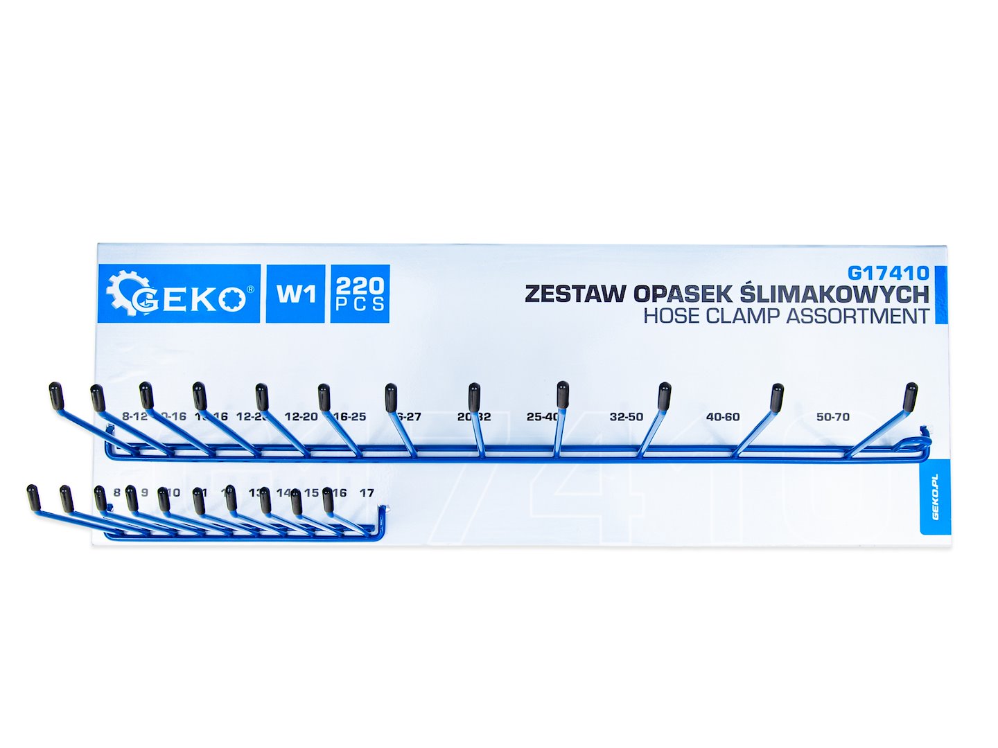 Fém tömlőbilincs készlet fali tartóval 220 db