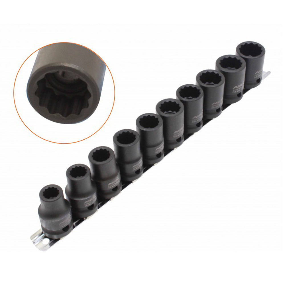Gépi bi-hexagonális dugókulcs készlet 10 db 1/2" 12 oldal